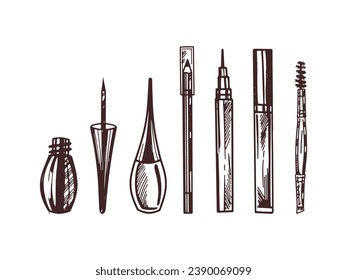 A set of hand-drawn doodle sketches of cosmetics, beauty, self-care elements. Illustration for beauty salon, cosmetic store, makeup design. Engraved image.