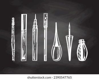 A set of hand-drawn doodle sketches of cosmetics, beauty, self-care elements on chalkboard background. Illustration for beauty salon, cosmetic store, makeup design. Engraved image.