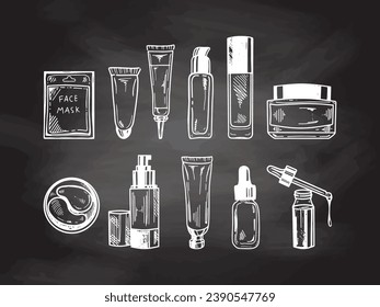 A set of hand-drawn doodle sketches of cosmetics, beauty, self-care elements on chalkboard background. Illustration for beauty salon, cosmetic store, makeup design. Engraved image.