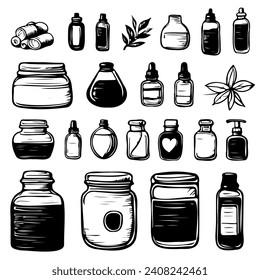 A set of hand-drawn doodle sketches of cosmetics, beauty, self-care elements. Illustration for beauty salon, cosmetic store, makeup design