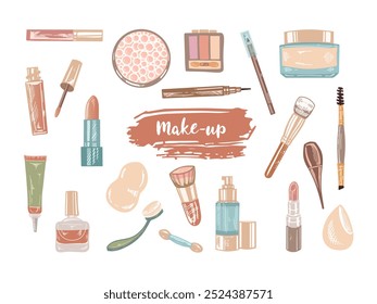 A set of hand-drawn doodle sketches of cosmetics, beauty, self-care elements.  Illustration for beauty salon, cosmetic store, makeup design. Engraved image.