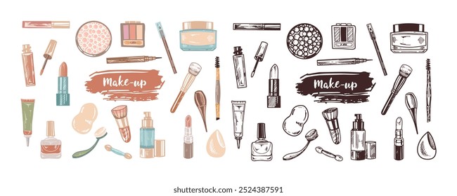 A set of hand-drawn doodle sketches of cosmetics, beauty, self-care elements.  Illustration for beauty salon, cosmetic store, makeup design. Engraved image.