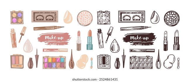 A set of hand-drawn doodle sketches of cosmetics, beauty, self-care elements.  Illustration for beauty salon, cosmetic store, makeup design. Engraved image.