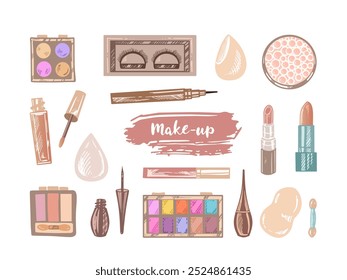 A set of hand-drawn doodle sketches of cosmetics, beauty, self-care elements.  Illustration for beauty salon, cosmetic store, makeup design. Engraved image.