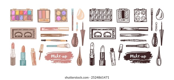 A set of hand-drawn doodle sketches of cosmetics, beauty, self-care elements.  Illustration for beauty salon, cosmetic store, makeup design. Engraved image.