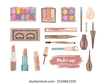 A set of hand-drawn doodle sketches of cosmetics, beauty, self-care elements.  Illustration for beauty salon, cosmetic store, makeup design. Engraved image.