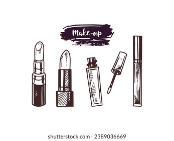 A set of hand-drawn doodle sketches of different types of lipsticks.  Illustration for beauty salon, cosmetic store, makeup design. Engraved image.