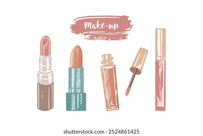 Um conjunto de esboços de rabiscos desenhados à mão de diferentes tipos de batons.  Ilustração para salão de beleza, loja de cosméticos, design de maquiagem. Imagem gravada.