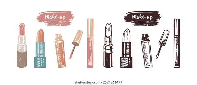 Um conjunto de esboços de rabiscos desenhados à mão de diferentes tipos de batons.  Ilustração para salão de beleza, loja de cosméticos, design de maquiagem. Imagem gravada.