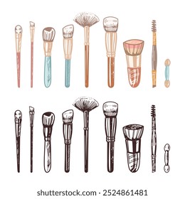 A set of hand-drawn doodle sketches of makeup brushes.  Illustration for beauty salon, cosmetic store, makeup design. Engraved image.
