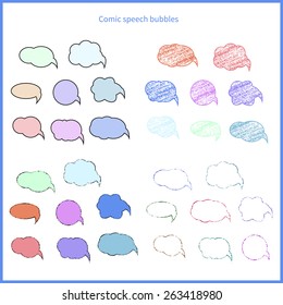 Set of hand-drawn doodle speech bubbles. Vector illustration.