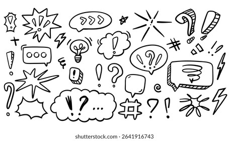 Set of hand-drawn doodle speech bubbles. Cute pen line elements in sketch style with circles, clouds, and grunge details. Perfect for comics, messages, and social media. Vector EPS