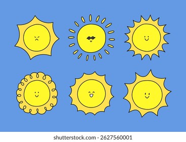 Set of Hand-Drawn Doodle Suns – Cute Sun Faces in Cartoon Style