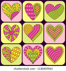 Set of Hand-drawn Doodle Symbols Ornate Green, Yellow and Pink Hearts in Squares. Icons in Flat Design Style.