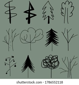 set of hand-drawn doodle trees. Vector graphics. creepy minimalistic trees