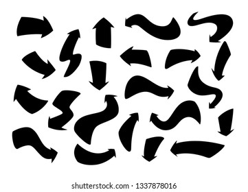 Set of hand-drawn doodle vector black arrows on white background.