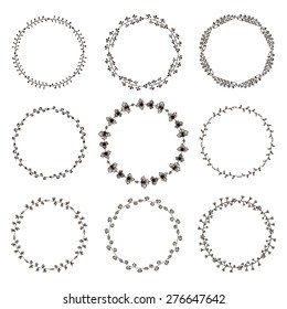 Set of  hand-drawn doodle wreaths. Vector illustration for your design.For Save the date, wedding, birthday and other invitations
