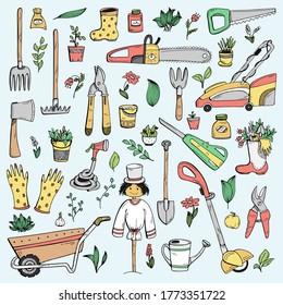 A set of hand-drawn doodles about a country house, garden equipment, and growing vegetables.