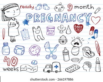 Set of hand-drawn doodles baby toys, food, accessories.