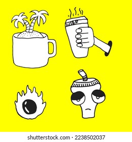 set of hand-drawn doodles character in black and white