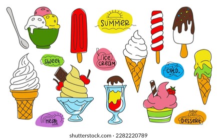 A set of hand-drawn doodles and colored spots with various ice cream. Waffle cone, cups, on a stick, ice cream, in glass. A sketch of a vector illustration in the style of a cafe menu, postcards