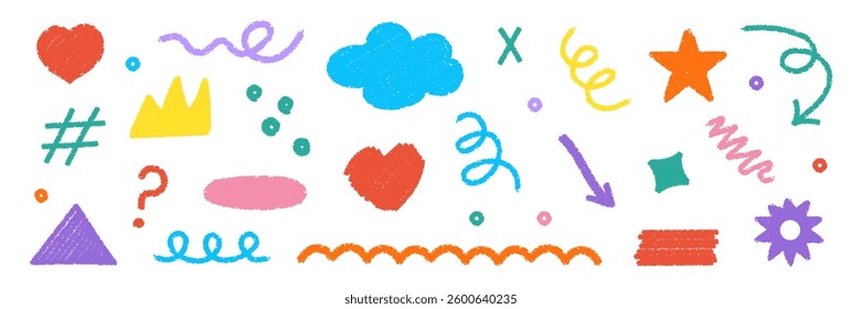A set of hand-drawn doodles: geometric shapes, squiggles, stars, hearts, arrows, and abstract elements - crayon or pastel style. The playful and artistic set adds a whimsical, creative touch.