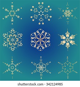 Set hand-drawn doodles gold colored snowflake Festive seamless pattern. Vector illustration