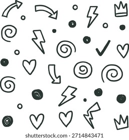 A set of hand-drawn doodles including arrows, hearts, lightning bolts, crowns, and checkmarks on a white background