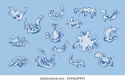 A set of hand-drawn doodles of milk splashes in various shapes and sizes, perfect for use in beverage design, food packaging, or creative branding elements