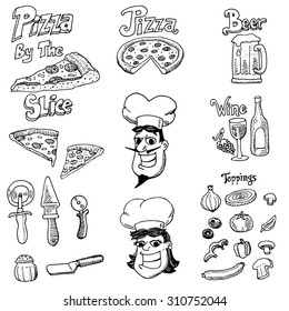 Un conjunto de doodles hechos a mano de artículos relacionados con la pizza.