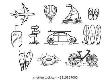 A set of hand-drawn doodles of vacation symbols, travel doodles. Tourist and summer sketch. Black and white linear vector. Vector illustration