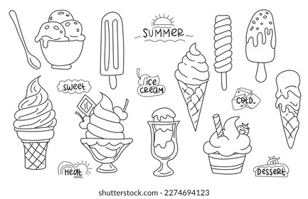 A set of hand-drawn doodles with various types of ice cream. Waffle cone, cups, on a stick, ice cream, in glass. A sketch of a vector illustration in the style of a cafe menu, postcards, decorations