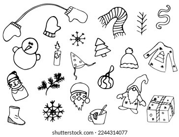 Eine Reihe handgezeichneter Weihnachtsartikel im Doodle-Stil. Line Art mit schwarzer Umrisslinie. Vektorgrafik einzeln auf weißem Hintergrund
