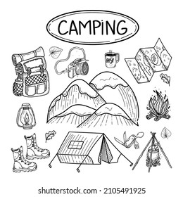 A set of hand-drawn doodle-style elements. Local tourism. Mountains, tent, campfire, backpack, camera, etc. Hand-drawn inscription. Vector image of camping or hiking items on white background.