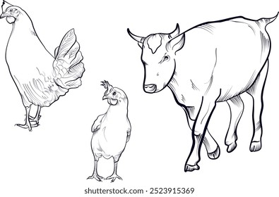 Un conjunto de dibujos dibujados a mano de animales domésticos Ilustración vectorial de vacas y pollos