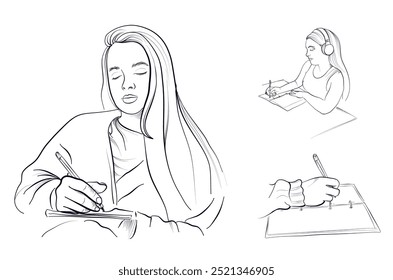 a set of hand-drawn drawings of a girl doing homework, writing in a diary vector