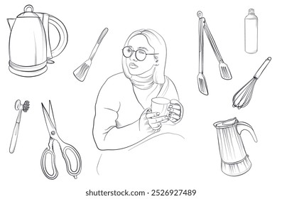 a set of hand-drawn drawings of a girl with a mug in her hands surrounded by objects for cooking vector
