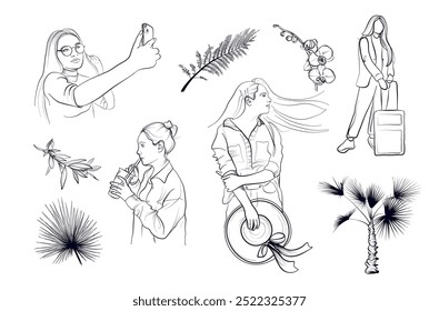 a set of hand-drawn drawings of girls traveling with a suitcase, with a cocktail, with a smartphone vector illustration