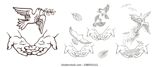 Set of hand-drawn drawings with hands and birds. Black and white vector illustration