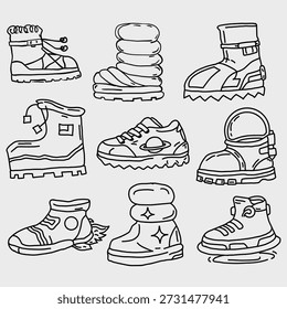 Um conjunto de desenhos desenhados à mão de botas espaciais adequadas para a prática de desenho infantil