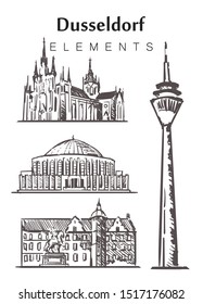 Set of hand-drawn Dusseldorf buildings, elements sketch vector illustration. town hall, Rheinturm Tower, Church of the Immaculate Conception of the virgin Mary, Tonhalle.