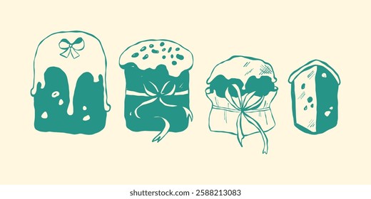 Set of hand-drawn Easter cakes