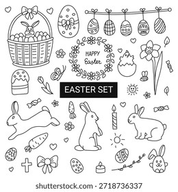 Eine Reihe handgezeichneter Osterdoodles mit dekorativen Elementen mit Eiern und Osterbüscheln, Bögen und Süßigkeiten, Vektorgrafik.