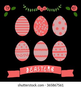 Set of hand-drawn Easter postcard print with hearts lettering letters red. Design elements. Doodle hand drawn style illustration for greeting card, t-shirts and bags print, scrapbooking
