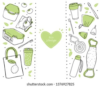 set of hand-drawn eco-friendly objects isolated in white background 