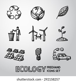 Set of handdrawn ECOLOGY icons with - recycle sign, green earth, leaf, garbage disposal, wind power station, plant, solar power station, light bulb, electro car. Vector