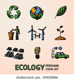 Set of handdrawn ECOLOGY icons with - recycle sign, green earth, leaf, garbage disposal, wind power station, plant, solar power station, light bulb, electro car. Vector