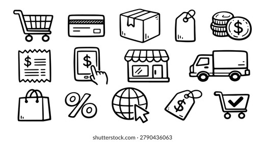 Set of hand-drawn e-commerce and shopping icons including cart, delivery, payment, and storefront in a minimalist doodle style.