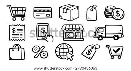 Set of hand-drawn e-commerce and shopping icons including cart, delivery, payment, and storefront in a minimalist doodle style.