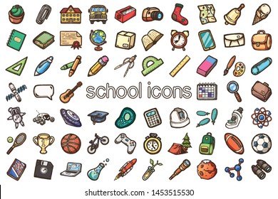 Set of hand-drawn education icons. Detailed cartoon vector illustrations.